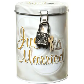 Ramonasbastelschuppen Spardose Hochzeit Trauung Wedding Brautpaar Geschenk - Metall - Rosebraun - Just Married - 11 x 8,5 cm