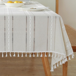 meioro Böhmische Tischdecke für Küche Dekoration, 100x140cm Makramee Tischtuch mit Quasten, Rechteckige Leinen Tischwäsche, Gestreifte Tafeldecke Mesh Tischdecken für Esstisch Tabletop(Elfenbein Weiß)