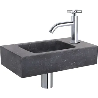Differnz Bombai Black Waschbecken - Waschtisch Anthrazit Naturstein - Gebogener Wasserhahn mit Kreuzgriff Chrom - Komplettset - 40 x 22 x 9 cm