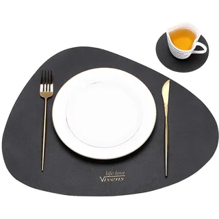 VIVENS Tischset, 43 x 34 cm, Tischsets und Untersetzer aus PU-Leder, 2 Stück, rutschfest, strapazierfähig, bunt, waschbar, wasserdicht (schwarz)