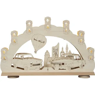 SAICO Lichterbogen LED 3D Trabant und Wartburg Holz 52 cm warmweiß natur