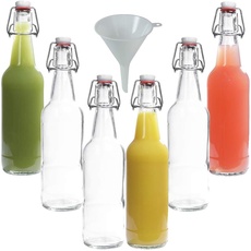 Bild von - 6 x Glasflasche 500 ml mit Bügelverschluss aus Porzellan zum Befüllen, als Milch-, Saft- und Likörflasche verwendbar (inkl. Trichter Ø 9,5 cm)