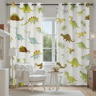 Tyafsgvqo Jurassic Dino Verdunkelungsvorhänge 2er Set, Niedlich Dinosaurier | Vorhänge Wohnzimmer 137x117 cm Cartoon Tiermotiv Gardine Blickdicht Schallschutz Thermovorhang mit Ösen