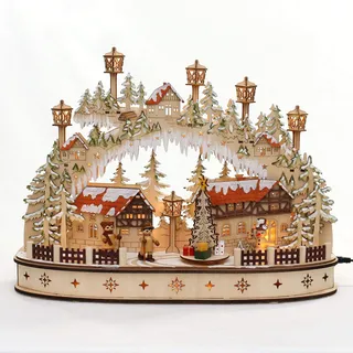 Dekohelden24 ***LED Holz Schwibbogen mit bewegtem Weihnachtsbaum, Motiv: Schneemann und Wanderfiguren, L/B/H ca. 45 x 12 x 35 cm, für Batterie- oder Adapterbetrieb.