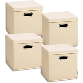 Storanda | 4er Set Aufbewahrungsbox mit Deckel 28x28x28 cm | Beiseitig Breite Griffe | Stabil & Faltbar | Regalbox für Würfelregal | Natur