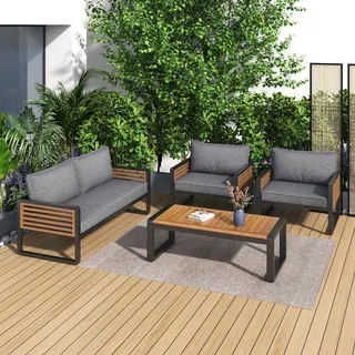 Flieks Gartenlounge Set 4-tlg, Balkonmöbel Set mit Eisenrahmen, Terassenmöbel Sets mit Metallbeinen und Kissen, Lounge Gartenmöbel 4 Personen, Grau - Naturbelassen