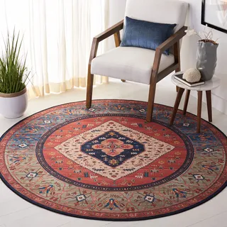 SAFAVIEH Traditionell Teppich für Maschinenwaschbar und rutschfest - Ideal für stark frequentierte Bereiche - Tucson Collection, Kurzer Flor, Rot und Blau, 120 X 120 cm