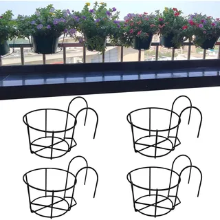 4er-Pack runde hängende Pflanzenkübel mit Geländer Blumentopfhalter Metalltopf Pflanzenkorb Regalbehälter für drinnen und draußen (schwarz)
