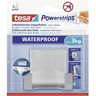 Tesa Powerstrips Doppelhaken Waterproof Zoom - selbstklebender Haken für Dusche und Bad, groß - Metall-Badhaken - belastbar bis 3 kg