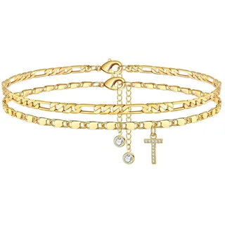 TINGN Fußkettchen für Damen, Gold Cz Buchstabe T Fussketten für Frauen Fußkettchen Verstellbar Doppelte Fußketten Stabil Figarokette Fußkette Frau Mädchen Tochter Freundin Kinder Geschenk