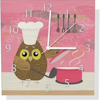 Wallario Design Wanduhr Lustige Eule beim Kochen mit Kochmütze aus Aluverbund, Größe 30 x 30 cm - Rot