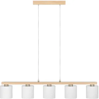 EGLO Pendelleuchte Castralvo, 5 flammige Hängelampe, Hängeleuchte aus Stahl in Nickel-Matt, Holz in Braun und Textil in Weiß, Esstischlampe FSC zertifiziert, E27 Fassung