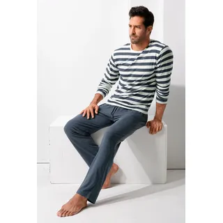 Pyjama H.I.S, Herren, Gr. 60/62 (XXL), blau (navy, cream), Jersey, Obermaterial: 60% Baumwolle, 40% Polyester, gestreift, Basic, lang, Rundhals, abgesteppte Kante, Homewear-Sets Pyjama, Schlafanzug mit garngefärbten Streifen, Topseller