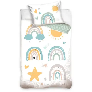 MTOnlinehandel Kinderbettwäsche 100x135 aus 100% Baumwolle - Bettwäsche für Kinder & Baby Regenbogen, Sonne - Fröhliche Boho Babybettwäsche für Mädchen & Jungen, 40x60 + 100x135