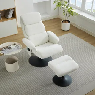 STILVORA Relaxsessel Loungesessel mit 5-Punkte-Massagefunktion,360° drehbar Posterstuhl mit elektrischer Heizfunktion und Hocker,aus Chenille,Weiß - Weiß