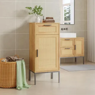 Badezimmerschrank 'Marhasa' mit Tür und Schublade Rattanoptik 92 x 40 x 30 cm Eicheoptik / Schwarz - Beige