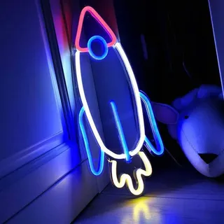 LED Neon Schild Rakete 18x42cm - Rocket Wanddeko mit Acryl-Rückwand - Weltraum Geschenk für Kinder & Gamer - Bunt