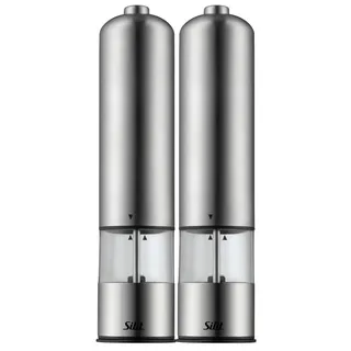 Silit Elektrische Mühle Set 2-teilig, 23 cm, Salz und Pfeffermühle elektrisch, unbefüllt, Gewürzmühlen, Mühle für Salz, Pfeffer, Chillischoten, Keramikmahlwerk, Edelstahl, Acrylglas