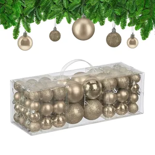 Relaxdays Weihnachtskugeln, 76er Set, Kunststoff, glitzernde, Matte, glänzende Baumkugeln, Christbaumschmuck, Champagner