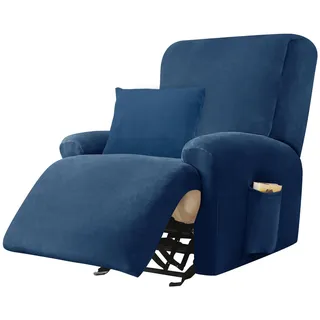 Alishomtll Stretchhusse für Relaxsessel, 4-Teilig Samt Sesselschoner, Stretch Waschbar Sesselbezug Elastisch Bezüge für Fernsehsessel, Sesselüberzug mit 1 Kissenbezug und 2 Taschen (1 Sitzer Blau)