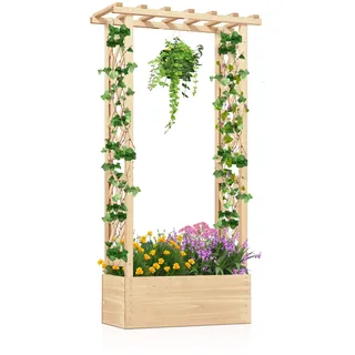 FANTASK Blumenkasten mit Rankhilfe, 66 x 32 x 152 cm, Hochbeet mit Rankgitter & hängendem Dach, Pflanzkasten für Kletterpflanzen & hängende Körbe, Pflanzkübel Holz für Garten Hof Terrasse (Natur)