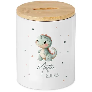 Personalisiert Spardose Baby Dino mit Wunschname Datum, Mädchen Jungen Sparschwein, süßes Geldgeschenk zur Geburt, Taufe, Geburtstag