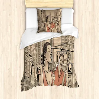 ABAKUHAUS New York Bettbezug Set für Einzelbetten, Jazzsänger Gitarrist, Milbensicher Allergiker geeignet mit Kissenbezug, Braun Beige - Beige