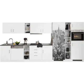 Küchenzeile KOCHSTATION "KS-Paris – Küchen mit einzigartigen Fotomotiven auf den Fronten", weiß (küche: weiß, front: weiß, korpus: weiß, arbeitsplatte: anthrazit), B:400cm H:200cm T:60cm, Komplettküchen-Sets, Küchenzeile, Breite 400 cm, wahlweise mit E-Geräten und Induktion