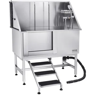 Vevor Hundewaschstation Edelstahl, 1270x700x1545 mm Tierpflegewanne mit Treppe, PE-Wasserfilterplatte, Wasserhahn, Duschkopf & Seifenhalter, für große, mittelgroße & kleine Haustiere (linke Tür)