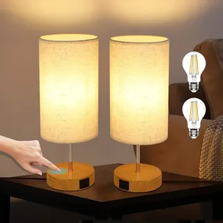 ZMH 2er Set Tischlampe Wohnzimmer Touch Dimmbar Nachttischlampe - USB Modern mit Ladefunktion Tischleuchte E27 Fassung Stoff Nachtlicht Warmweiß Licht Nachtlampe für Schlafzimmer,Café, Kaffeetisch [Energieklasse A] - Braun