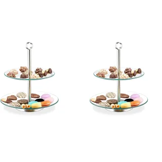 Relaxdays Etagere, 2-stöckig, rund, Cupcakes, Kekse, Snacks, Obst, Glas, Edelstahl, Servierständer, transparent/Silber, 28 x 24.5 x 24.5 cm (Packung mit 2)