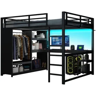 Okwish Hochbett 160/200 cm schwarz aus Metall mit LED und Schreibtisch , Schwarz , 160x200 cm , Babymöbel & Kindermöbel, Kinderzimmer & Jugendzimmer, Kinderbetten, Hochbetten
