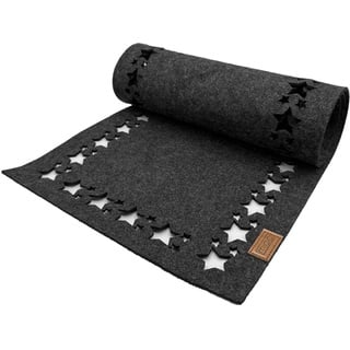 Miqio Design Filz Tischläufer Sterne | Tischläufer Winter | 150x 40cm abwaschbar | Filzläufer 0ekotex Filzstoff mit Echtleder Label | Tischdecke Weihnachten- Dunkelgrau anthrazit