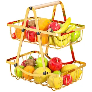 BACKTOUR 2 Stöckig Obstkorb Etagere, Obstschale Metall Schwarz mit Holzgriff, 2 Etagen Obstschale Moderne für Obst, Gemüse, Snacks, Brot, Küche, Abnehmbar Obst Halter Aufbewahrung (Golden)