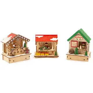 Small Foot Company Lampen-Set Weihnachtsmarkt mit 3 Holzhütten und Beleuchtung