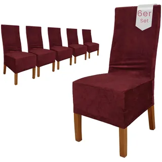 Scheffler Home Stuhlhussen Samt Bordeaux 6er Set Puma – Elastische Stuhlbezüge für Hochlehner und Polsterstühle – Waschbar und formstabil