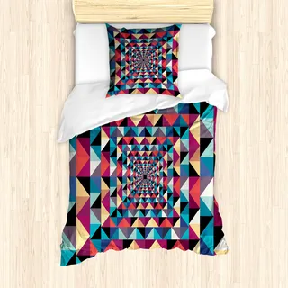ABAKUHAUS zeitgenössisch Mantele, Visueller Patchwork Retro, Milbensicher Allergiker geeignet mit Kissenbezügen, 135 cm x 200 cm - 80 x 80 cm, Mehrfarbig