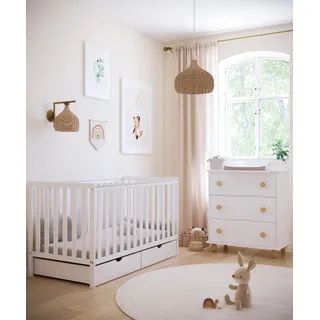 ZEE BAMBI Weiß Babybett 140x70 cm 2in1 mit 2 Schubladen & Schutzbarriere Klassisches Gitterbett 3-Fach Höhenverstellbar Kinderbett mit Beißschutz - Weiß