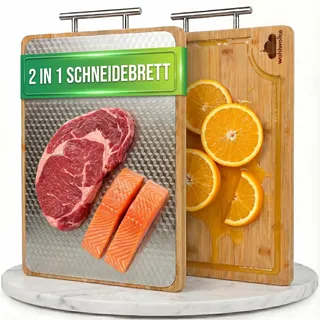 WOHLWOLKE Doppelseitiges Schneidebrett Holz & Edelstahl | Bambus Küchenbrett mit Saftrille & Metallgriff | Holzbrett Küche antibakteriell | Bambus Schneidebrett groß | Tranchierbrett 40x30x2cm