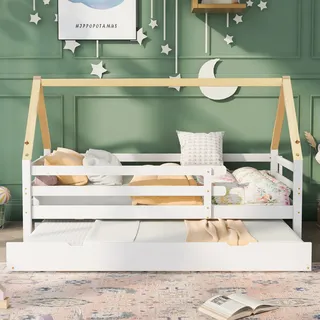 Merax Kinderbett 90x200cm Ausziehbett mit Rausfallschutz und Lattenrost, Massivholz Tagesbett Einzel- und Doppelbett Hausbett Schiebebett - Weiß, Naturbelassen