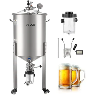 Vevor konischer Gärbehälter Edelstahl 60 L Gärtank für Heimbrauen, Gärkessel mit konischem Boden & 3 Lenkrollen & Deckel & Griff & Thermometer, Gärfass für Wein- und Biergärung