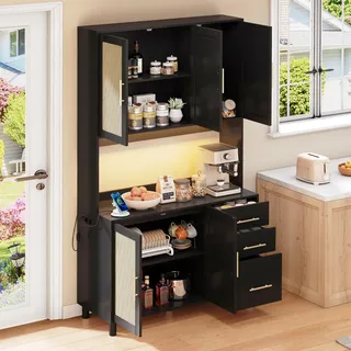 Ball & Cast Küchenschrank, Buffetschrank mit verstellbaren Einlegeböden, 3 Schubladen, Steckdosen und integrierter Beleuchtung, 100x40x183 cm, Schwarz