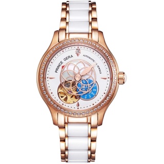 PRINCE GERA Damen Armbanduhr Automatikuhr für Damen Lotusblumen Skelett Diamant Damen armbanduhren aus Edelstahl Keramikband (Roségold)