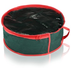 com-four® Kranz-Tasche mit Sichtfenster und Tragegriff - zum Verstauen von Weihnachts-, Oster- oder Deko-Kränzen - Tasche für Dekoration, Mützen und Hüte (dunkelgrün/rot - rund)