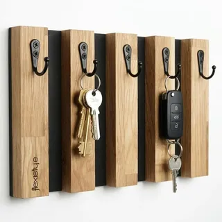 FLEXISTYLE Lamellen Schlüsselbrett Garderobenleiste Holz, Eiche, Hakenleiste, Kleiderhaken, Wandhaken, Edelstahl, Wandgarderobe, Garderobenpaneel, für Flur, Kinderzimmer, Schlafzimmer (30cm 5 Haken)