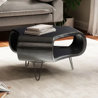 FineBuy Couchtisch Mango Massivholz 60cm Schwarz – Wohnzimmertisch mit Ablagefach und Metallbeinen | Design Tisch in Handarbeit | Retro Stil - Schwarz