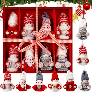 ZQEJEFD 8-teiliges Set Weihnachtswichtel aus Holz, Weihnachtswichtel Anhänger Wichtel aus Holz und Strick, Baumanhänger Weihnachtsanhänger mit Geschenkbox für den Weihnachtsbaum, Weihnachtsdekoration