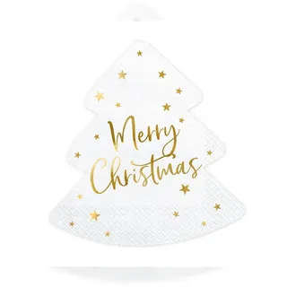 Partydeco Servietten Weihnachtsbaum 16x16,5cm Merry Christmas 20 Stück 3-lagig Serviette Weihnachten Weihnachtszeit - Einweg Papierservietten Weihnachtsservietten Weiß Gold