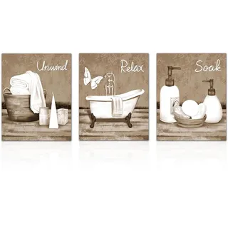 Dazzlewall 3er Set Vintage Badezimmer Wanddeko, Beige und Weiß Badewanne & Spa-Elemente Wandbilder für Badezimmer Toilette Ohne Rahmen 20x25 cm