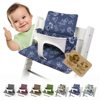 Sitzkissen Ersatzbezug Bezug Kissen-Set Sitzverkleinerer kompatibel mit Stokke Tripp Trapp für Hochstuhl-Kinderstuhl Mod. 2 (Marine W. Figuren)
